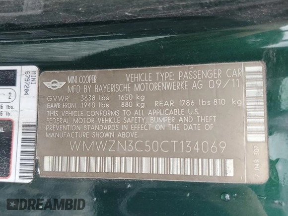 2012 MINI Convertible with VIN WMWZN3C50CT134069, listed as a Copart auction lot 56524155 with 106,480 mi miles and Clean title. Bid and sale history available at DreamBid. Image 12.