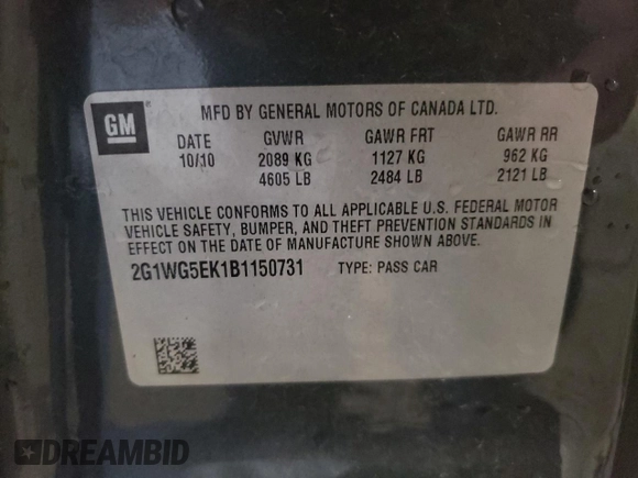 2011 Chevrolet Impala LT Fleet z VIN 2G1WG5EK1B1150731, wystawiony jako Copart lot #57159835 z przebiegiem 167 655 mil mil oraz Szkoda całkowita • Salvage title. Historia ofert i sprzedaży dostępna na DreamBid. Obrazek 12.