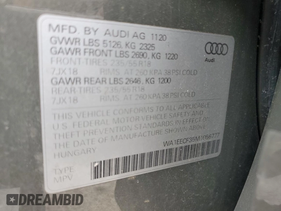 2021 Audi Q3 S line Premium Plus with VIN WA1EECF35M1056777, listed as a Copart auction lot 57405615 with 28,292 mi miles and Non repairable. Bid and sale history available at DreamBid. Image 13.