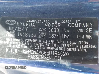 2011 Hyundai Accent SE with VIN KMHCN3AC6BU194520, listed as a IAAI auction lot 42664778 with 170,197 mi miles and . Bid and sale history available at DreamBid. Image 9.