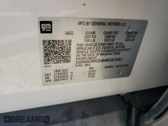 2022 Chevrolet Tahoe RST with VIN 1GNSCRKD4NR287261, listed as a Copart auction lot 73947314 with 48,223 mi miles and Non repairable. Bid and sale history available at DreamBid. Image 14.