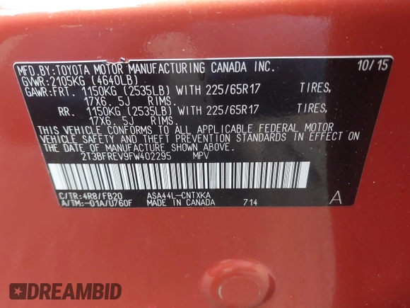 2015 Toyota RAV4 LE с VIN 2T3BFREV9FW402295, выставлен на аукционе IAAI как лот 42167730 с пробегом 112 398 миль миль и . История ставок и продаж доступна на DreamBid. Изображение 9.