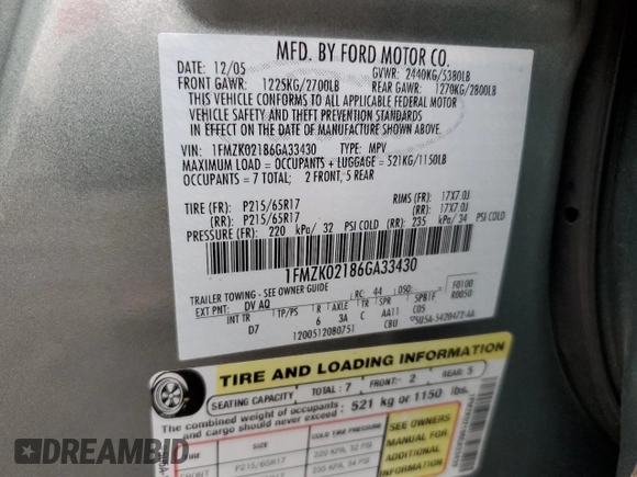 2006 Ford Freestyle SEL with VIN 1FMZK02186GA33430, listed as a Copart auction lot 85964984 with 146,478 mi miles and Salvage Title. Bid and sale history available at carsss.com. Image 13.