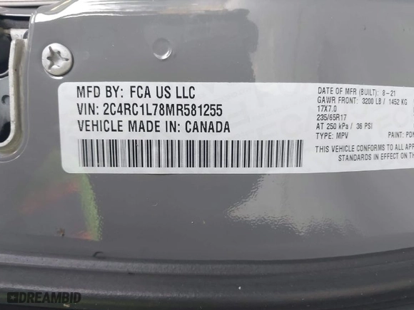 2021 Chrysler Pacifica Hybrid Touring L with VIN 2C4RC1L78MR581255, listed as a IAAI auction lot 41913443 with 71,193 mi miles. Bid and sale history available at carsss.com. Image 9.