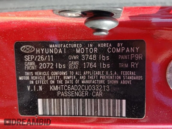 2012 Hyundai Veloster w/Black Int с VIN KMHTC6AD2CU033213, выставлен на аукционе Copart как лот 52168112 с пробегом 85 929 миль миль и На запчасти • Non repairable. История ставок и продаж доступна на DreamBid. Изображение 10.