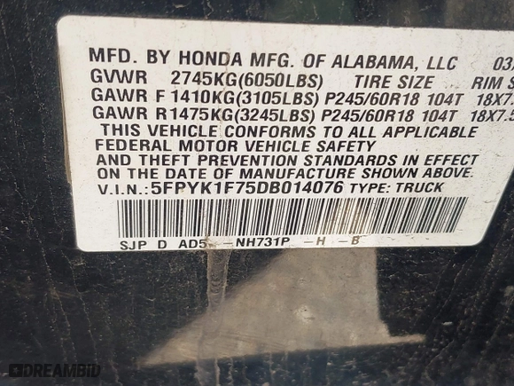 2013 Honda Ridgeline Sport with VIN 5FPYK1F75DB014076, listed as a IAAI auction lot 42022901 with 178,846 mi miles. Bid and sale history available at carsss.com. Image 9.