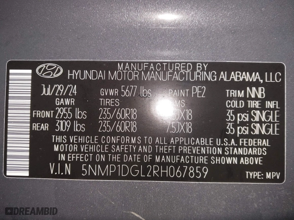2024 Hyundai Santa Fe SE with VIN 5NMP1DGL2RH067859, listed as a IAAI auction lot 41432965 with 2,106 mi miles. Bid and sale history available at carsss.com. Image 9.