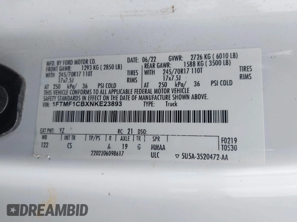 2022 Ford F-150 XL with VIN 1FTMF1CBXNKE23893, listed as a IAAI auction lot 42605938 with 120,591 mi miles and . Bid and sale history available at DreamBid. Image 9.