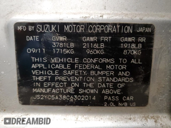 2012 Suzuki SX4 LE with VIN JS2YC5A38C6302014, listed as a Copart auction lot 47006645 with 176,113 mi miles and Salvage Title. Bid and sale history available at DreamBid. Image 12.