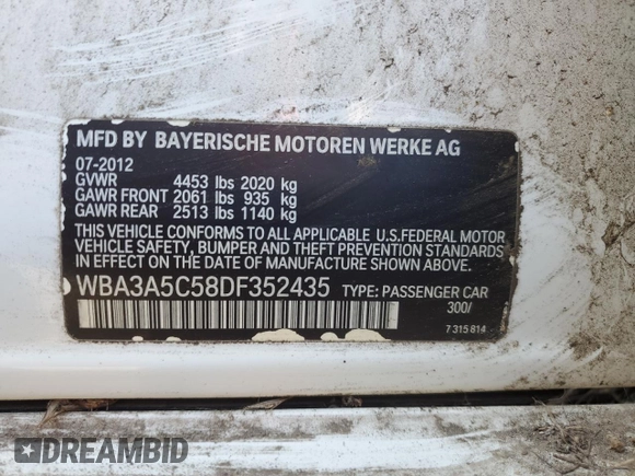 2013 BMW 3 Series 328i with VIN WBA3A5C58DF352435, listed as a Copart auction lot 46179425 with 142,839 mi miles and Salvage Title. Bid and sale history available at carsss.com. Image 13.