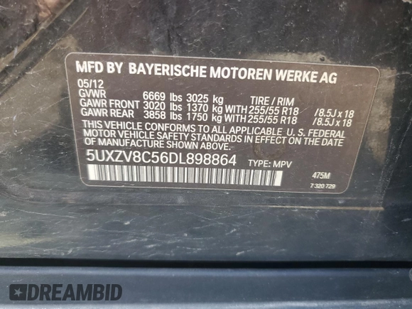 2013 BMW X5 xDrive50i with VIN 5UXZV8C56DL898864, listed as a Copart auction lot 56076705 with 157,805 mi miles and Clean title. Bid and sale history available at DreamBid. Image 13.