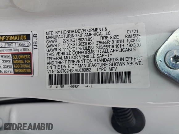 2021 Acura RDX with VIN 5J8TC2H33ML036852, listed as a Copart auction lot 47698795 with 58,960 mi miles and Salvage title. Bid and sale history available at DreamBid. Image 15.