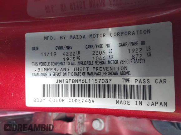 2020 Mazda Mazda3 Hatchback Premium Package with VIN JM1BPBNM6L1157087, listed as a IAAI auction lot 41681118 with 42,007 mi miles. Bid and sale history available at carsss.com. Image 9.