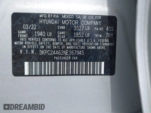 2022 Hyundai Accent SE with VIN 3KPC24A62NE167945, listed as a IAAI auction lot 41991124 with 26,376 mi miles and . Bid and sale history available at carsss.com. Image 9.