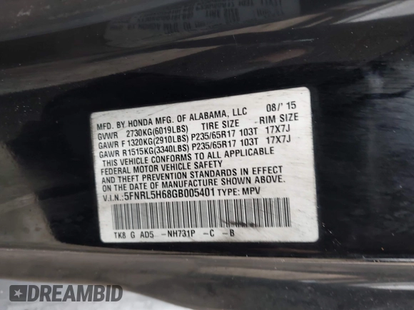 2016 Honda Odyssey EX-L with VIN 5FNRL5H68GB005401, listed as a IAAI auction lot 42063470 with Not Provided miles and . Bid and sale history available at DreamBid. Image 9.