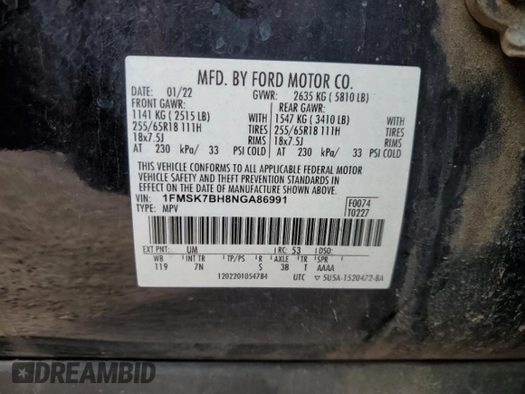 2022 Ford Explorer with VIN 1FMSK7BH8NGA86991, listed as a Copart auction lot 41907064 with 80,555 mi miles and Salvage Title. Bid and sale history available at carsss.com. Image 13.