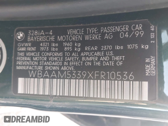 1999 BMW 3 Series 328i with VIN WBAAM5339XFR10536, listed as a IAAI auction lot 42242648 with 166,227 mi miles and . Bid and sale history available at DreamBid. Image 9.