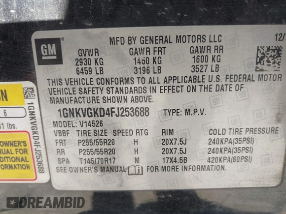 2015 Chevrolet Traverse LT with VIN 1GNKVGKD4FJ253688, listed as a IAAI auction lot 41973843 with 181,239 mi miles and . Bid and sale history available at DreamBid. Image 9.