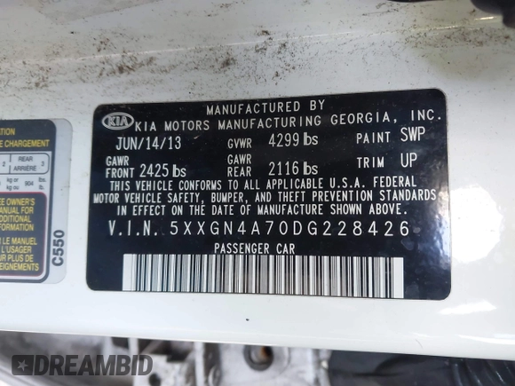 2013 Kia Optima EX with VIN 5XXGN4A70DG228426, listed as a IAAI auction lot 41498343 with 146,592 mi miles. Bid and sale history available at carsss.com. Image 9.