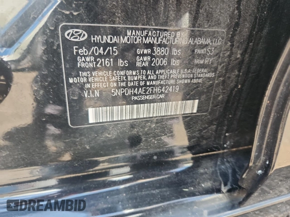 2015 Hyundai Elantra SE with VIN 5NPDH4AE2FH642419, listed as a Copart auction lot 64418735 with 109,503 mi miles and Salvage title. Bid and sale history available at DreamBid. Image 12.