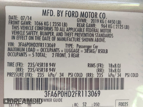2015 Ford Fusion SE with VIN 3FA6P0HD2FR113069, listed as a IAAI auction lot 42336598 with 136,927 mi miles and . Bid and sale history available at DreamBid. Image 9.