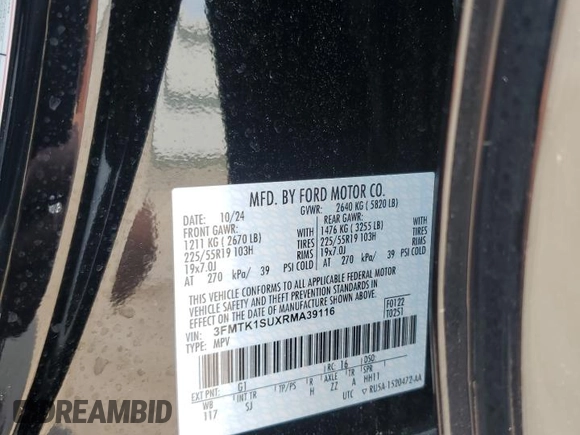 2024 Ford Mustang Mach-E Select with VIN 3FMTK1SUXRMA39116, listed as a Copart auction lot 59471555 with Not provided miles and Salvage title. Bid and sale history available at DreamBid. Image 12.