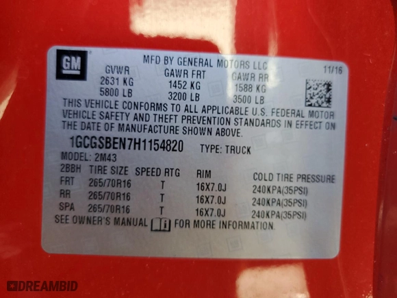 2017 Chevrolet Colorado 2WD WT with VIN 1GCGSBEN7H1154820, listed as a Copart auction lot 86395434 with 108,741 mi miles and Salvage Title. Bid and sale history available at carsss.com. Image 12.