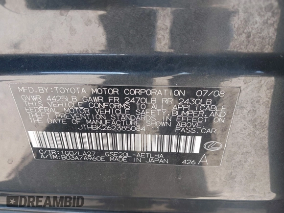 2008 Lexus IS 250 z VIN JTHBK262385084111, wystawiony jako IAAI lot #42217869 z przebiegiem 157 736 mil mil oraz . Historia ofert i sprzedaży dostępna na DreamBid. Obrazek 9.