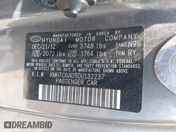 2013 Hyundai Veloster w/Gray Int with VIN KMHTC6AD5DU132237, listed as a IAAI auction lot 42268005 with 84,646 mi miles and . Bid and sale history available at DreamBid. Image 9.