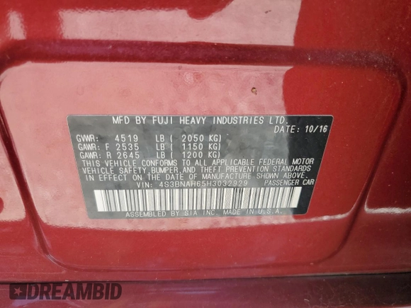 2017 Subaru Legacy Premium z VIN 4S3BNAH65H3032929, wystawiony jako Copart lot #61490195 z przebiegiem 54 863 mil mil oraz Szkoda całkowita • Salvage title. Historia ofert i sprzedaży dostępna na DreamBid. Obrazek 12.