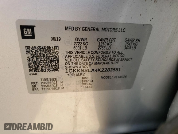2019 GMC Acadia SLE with VIN 1GKKNSLA4KZ283581, listed as a Copart auction lot 44697465 with 79,644 mi miles and Salvage Title. Bid and sale history available at DreamBid. Image 13.