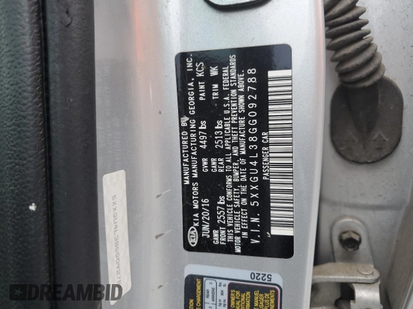 2016 Kia Optima EX with VIN 5XXGU4L38GG092788, listed as a Copart auction lot 58776745 with 164,850 mi miles and Salvage title. Bid and sale history available at DreamBid. Image 12.