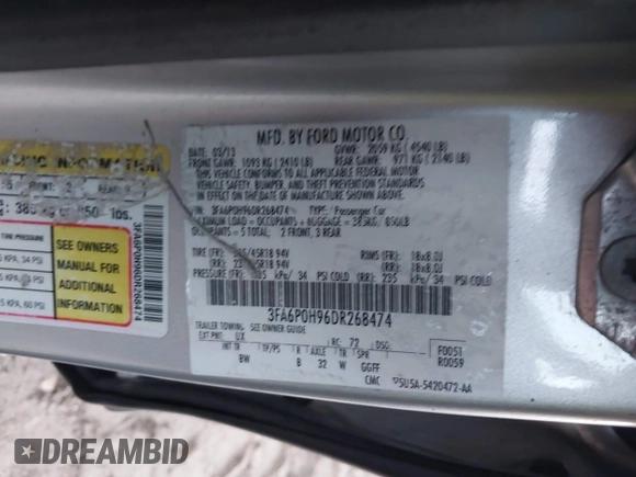 2013 Ford Fusion SE z VIN 3FA6P0H96DR268474, wystawiony jako IAAI lot #41757472 z przebiegiem 159 529 mil mil oraz . Historia ofert i sprzedaży dostępna na DreamBid. Obrazek 9.