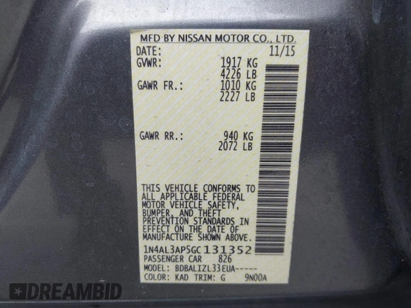 2016 Nissan Altima S z VIN 1N4AL3AP5GC131352, wystawiony jako IAAI lot #42418679 z przebiegiem 106 576 mil mil oraz . Historia ofert i sprzedaży dostępna na DreamBid. Obrazek 9.