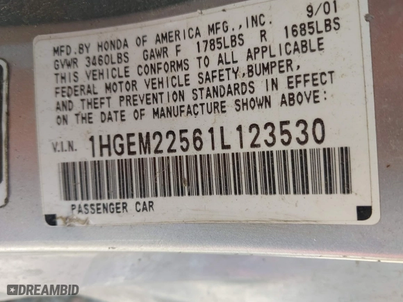 2001 Honda Civic LX with VIN 1HGEM22561L123530, listed as a IAAI auction lot 42092186 with 190,321 mi miles. Bid and sale history available at carsss.com. Image 9.