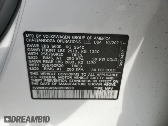 2022 Volkswagen Atlas SE с VIN 1V2WE2CA5NC203529, выставлен на аукционе Copart как лот 88175475 с пробегом 76 617 миль миль и Списание • Salvage title. История ставок и продаж доступна на DreamBid. Изображение 14.