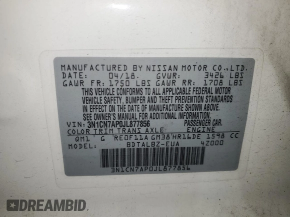 2018 Nissan Versa S Plus with VIN 3N1CN7AP0JL877856, listed as a Copart auction lot 76121284 with 92,454 mi miles and Clean Title. Bid and sale history available at carsss.com. Image 12.
