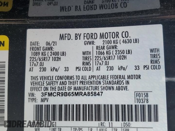 2021 Ford Bronco Sport Big Bend with VIN 3FMCR9B65MRA85847, listed as a Copart auction lot 57937695 with 70,933 mi miles and Salvage title. Bid and sale history available at DreamBid. Image 13.