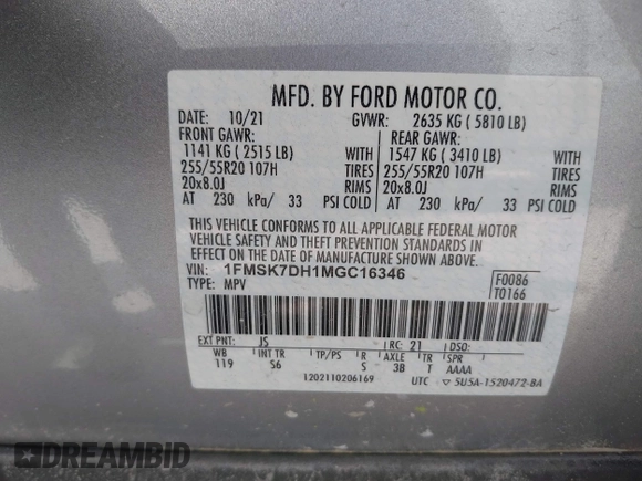 2021 Ford Explorer XLT with VIN 1FMSK7DH1MGC16346, listed as a IAAI auction lot 42029757 with 50,314 mi miles. Bid and sale history available at carsss.com. Image 9.