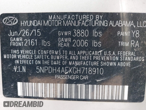 2016 Hyundai Elantra SE with VIN 5NPDH4AEXGH718910, listed as a IAAI auction lot 42336178 with 176,588 mi miles and . Bid and sale history available at DreamBid. Image 9.