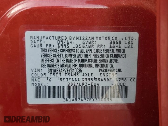 2014 Nissan Sentra SV with VIN 3N1AB7AP7EY310035, listed as a Copart auction lot 61749305 with 93,983 mi miles and Salvage title. Bid and sale history available at DreamBid. Image 12.