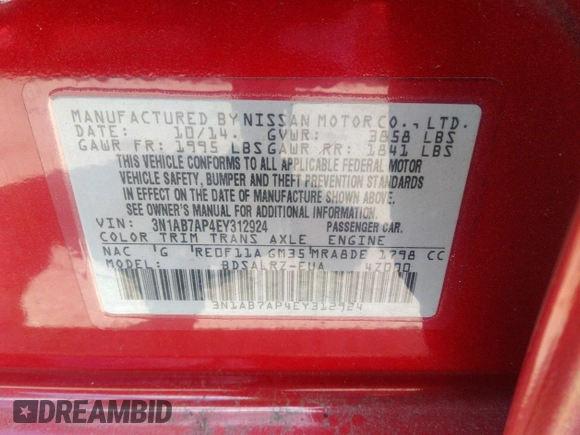 2014 Nissan Sentra SV with VIN 3N1AB7AP4EY312924, listed as a IAAI auction lot 41925870 with 86,680 mi miles and . Bid and sale history available at DreamBid. Image 9.
