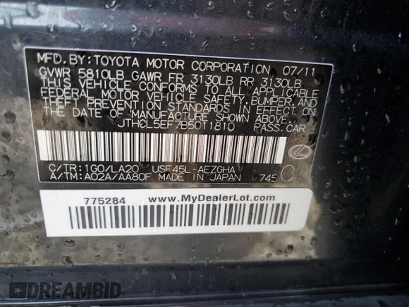 2011 Lexus LS 460 with VIN JTHCL5EF7B5011810, listed as a Copart auction lot 58151824 with 168,208 mi miles and Salvage title. Bid and sale history available at DreamBid. Image 12.