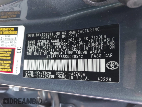 2019 Toyota Avalon XLE z VIN 4T1BZ1FB5KU030812, wystawiony jako IAAI lot #41498998 z przebiegiem 31 986 mil mil oraz . Historia ofert i sprzedaży dostępna na DreamBid. Obrazek 9.