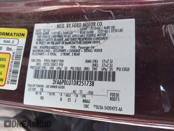 2013 Ford Fusion SE Hybrid z VIN 3FA6P0LU1DR251738, wystawiony jako IAAI lot #41576698 z przebiegiem 158 735 mil mil oraz . Historia ofert i sprzedaży dostępna na DreamBid. Obrazek 9.