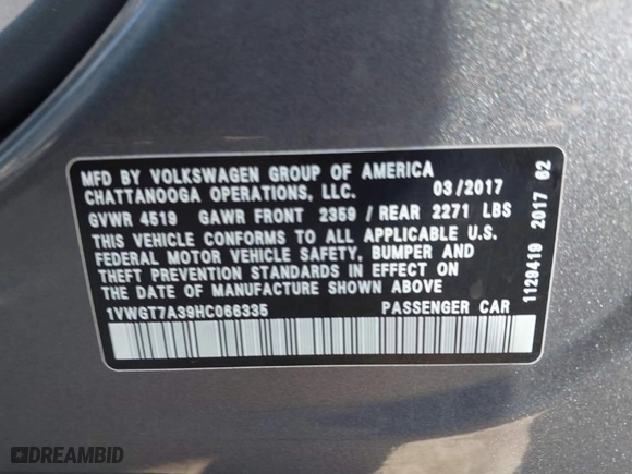 2017 Volkswagen Passat 1.8T SE w/Technology with VIN 1VWGT7A39HC066335, listed as a IAAI auction lot 41057523 with 106,771 mi miles. Bid and sale history available at carsss.com. Image 9.