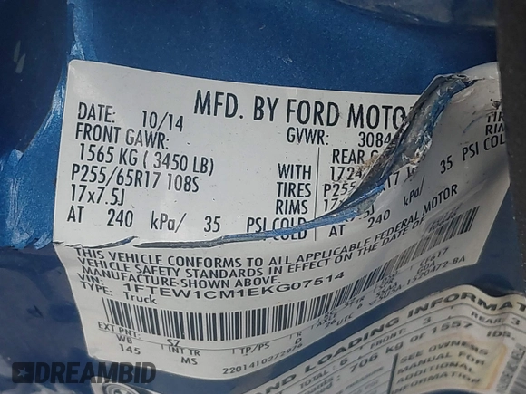 2014 Ford F-150 XL with VIN 1FTEW1CM1EKG07514, listed as a IAAI auction lot 41375171 with 217,758 mi miles. Bid and sale history available at carsss.com. Image 9.