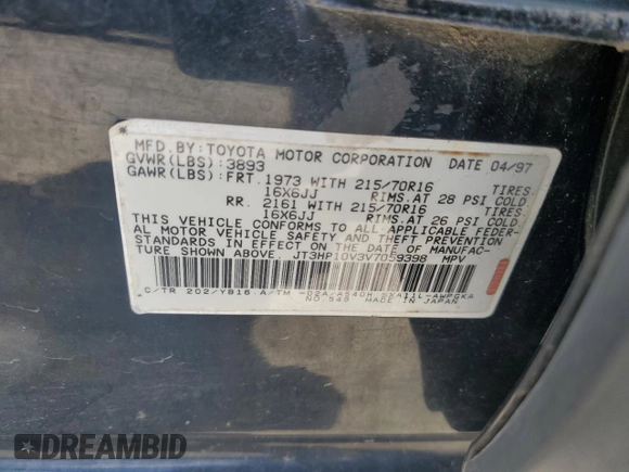 1997 Toyota RAV4 with VIN JT3HP10V3V7059398, listed as a Copart auction lot 54709995 with 186,467 mi miles and Salvage title. Bid and sale history available at DreamBid. Image 12.