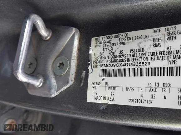 2013 Ford Escape SE with VIN 1FMCU9GX4DUB35629, listed as a IAAI auction lot 42446685 with 103,420 mi miles and . Bid and sale history available at DreamBid. Image 9.