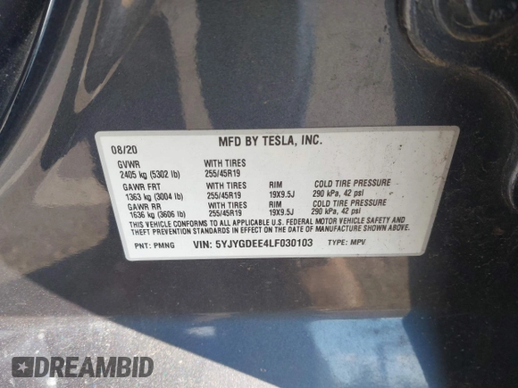 2020 Tesla Model Y Long Range with VIN 5YJYGDEE4LF030103, listed as a IAAI auction lot 41328929 with 64,896 mi miles and . Bid and sale history available at DreamBid. Image 9.